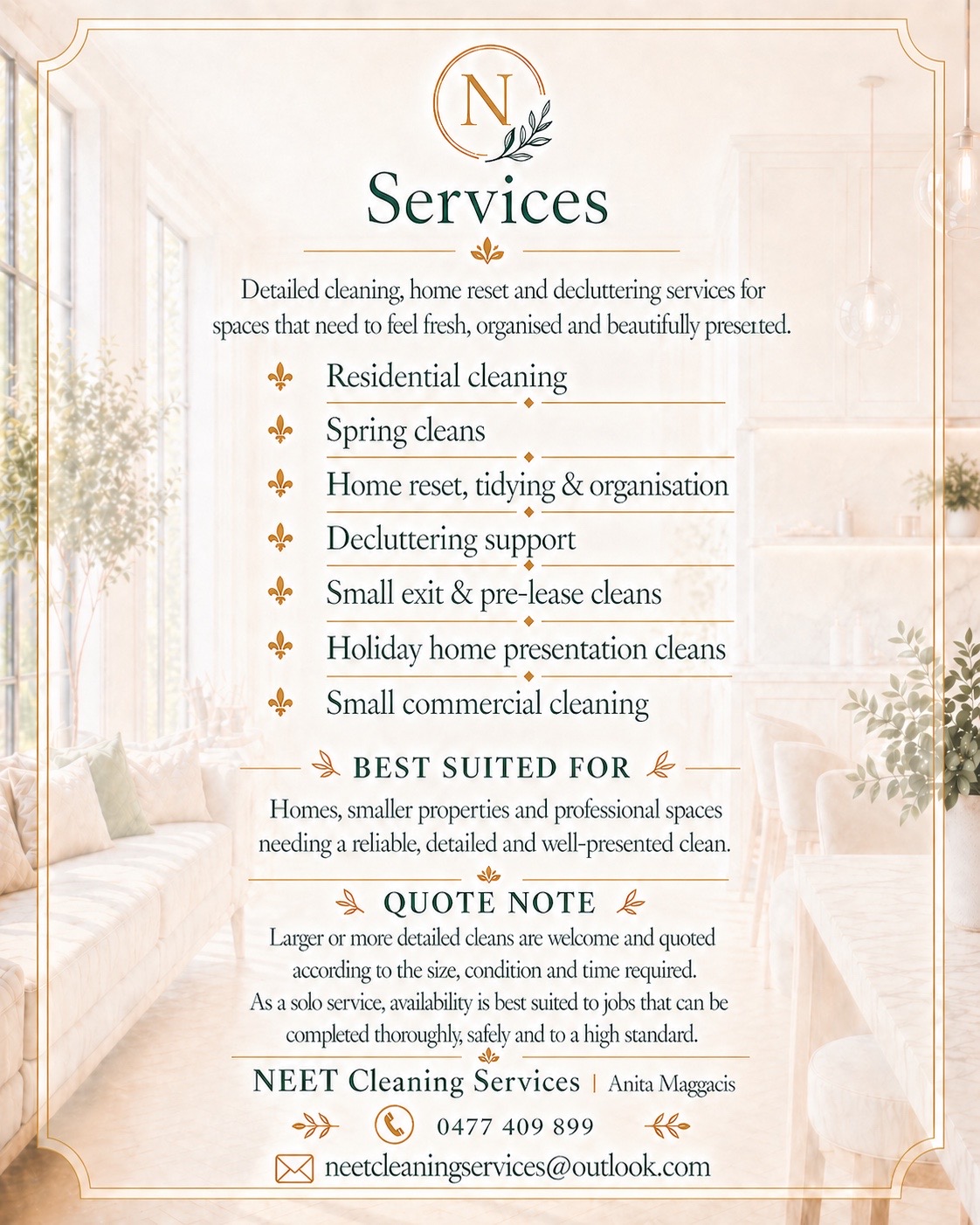 NEET Cleaning Services brand card with logo and tagline
